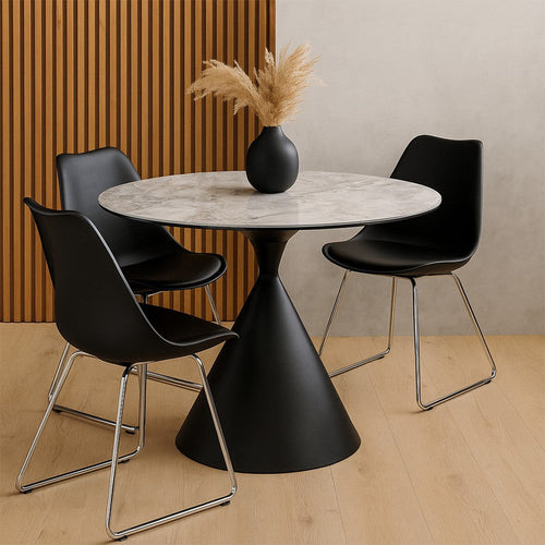 Lam 47 Inch Round Dining Table, Sintered Stone Top, Steel Base, Black