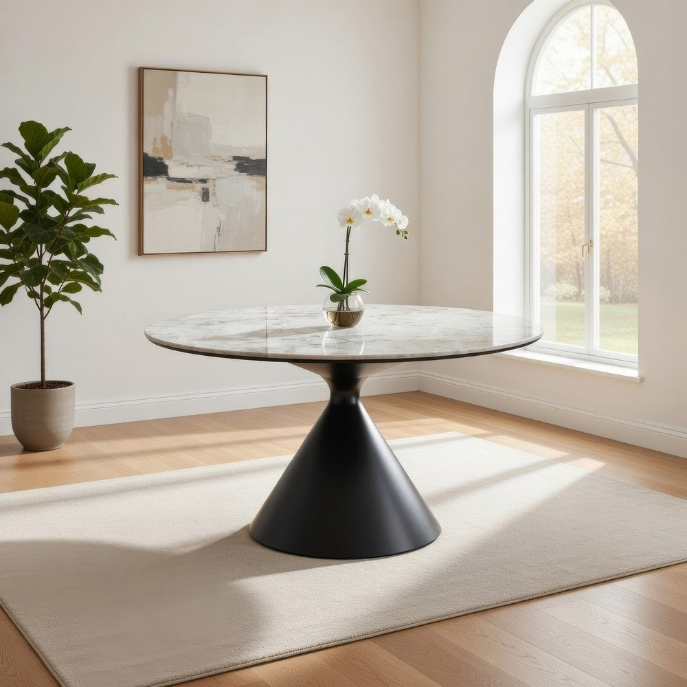 Lam 47 Inch Round Dining Table, Sintered Stone Top, Steel Base, Black