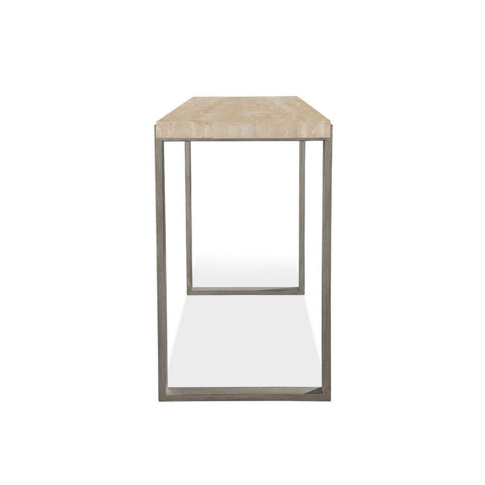 Oxy 54 Inch Console Side Table Stone Surface Metal Sled Base Bronze BM299878