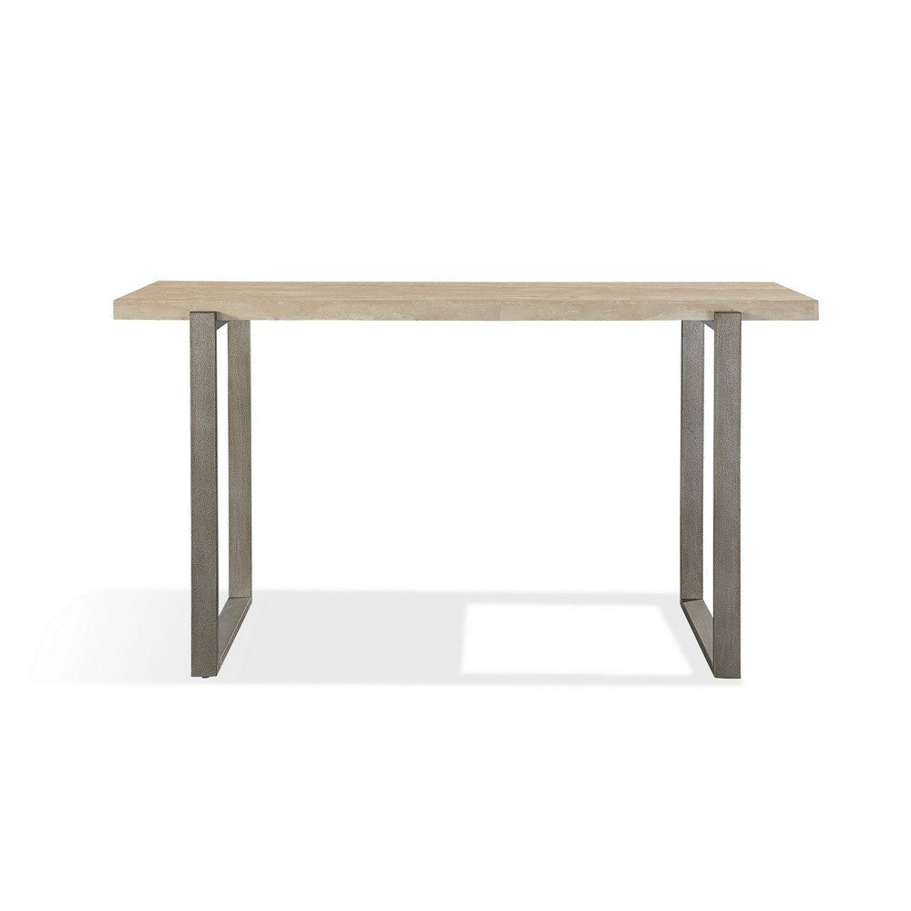 Oxy 54 Inch Console Side Table, Stone Surface, Metal Sled Base, Bronze