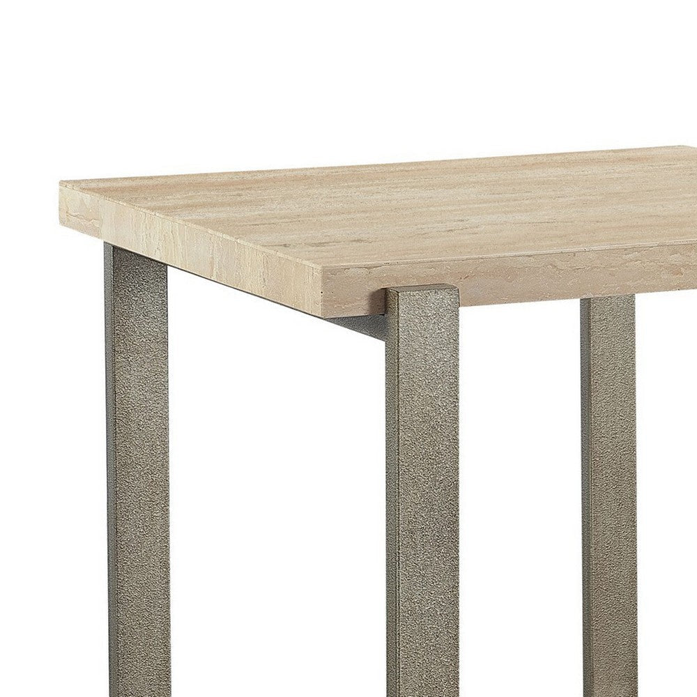 Oxy 24 Inch Side End Table Stone Tabletop Metal Sled Base Bronze BM299880