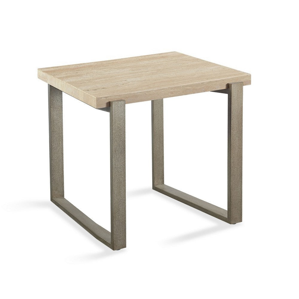 Oxy 24 Inch Side End Table, Stone Tabletop, Metal Sled Base, Bronze