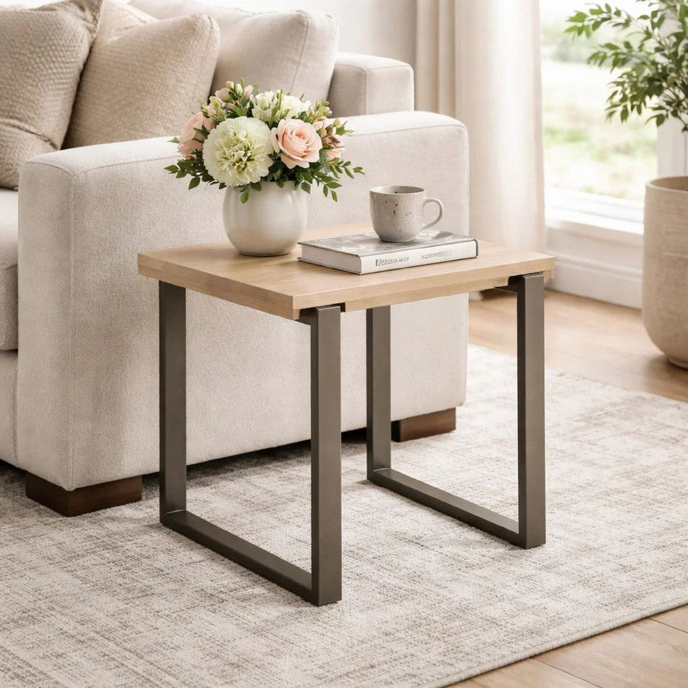 Oxy 24 Inch Side End Table, Stone Tabletop, Metal Sled Base, Bronze