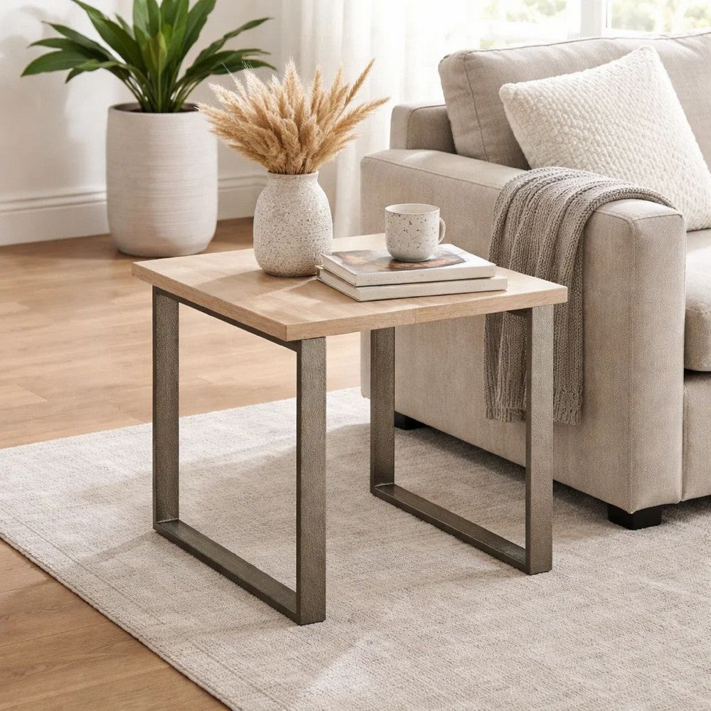 Oxy 24 Inch Side End Table, Stone Tabletop, Metal Sled Base, Bronze