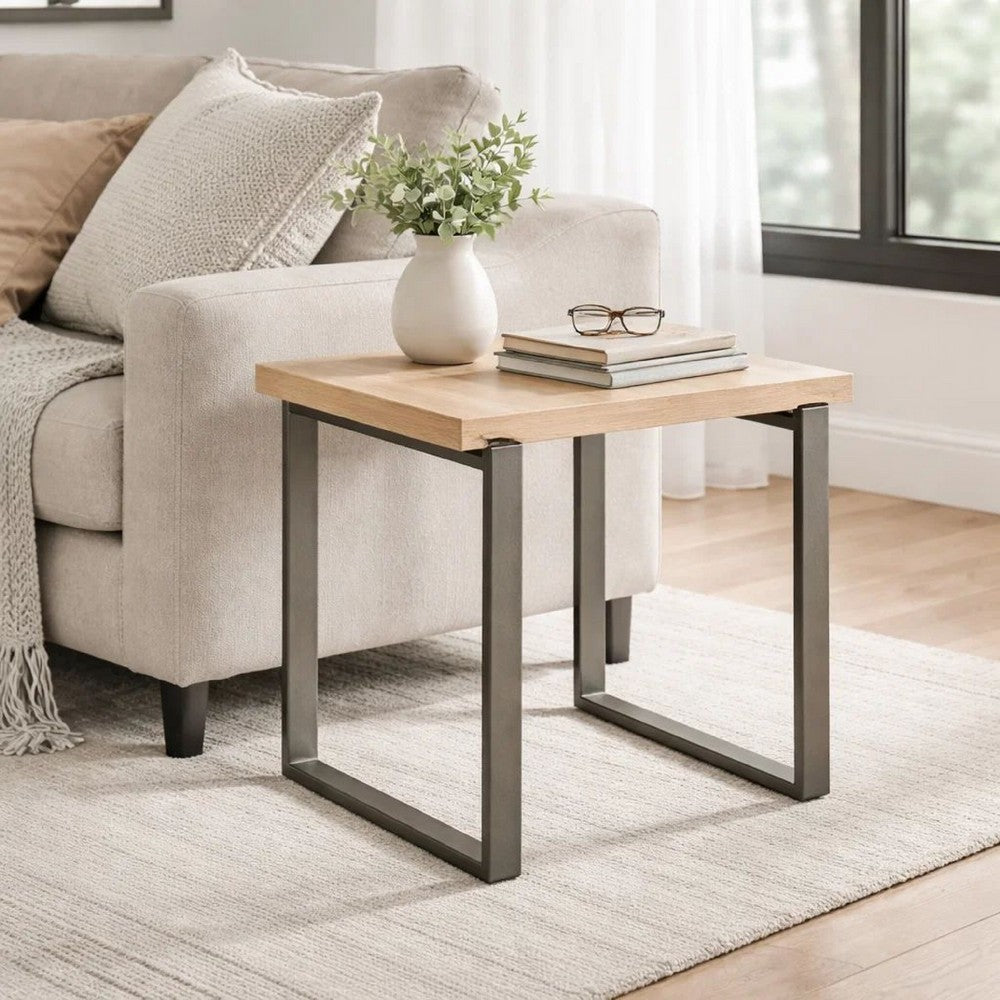 Oxy 24 Inch Side End Table, Stone Tabletop, Metal Sled Base, Bronze