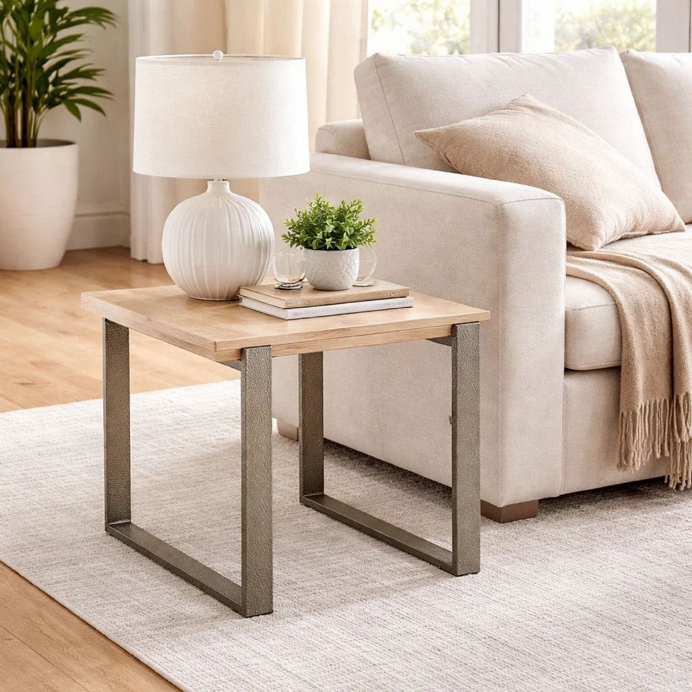 Oxy 24 Inch Side End Table, Stone Tabletop, Metal Sled Base, Bronze