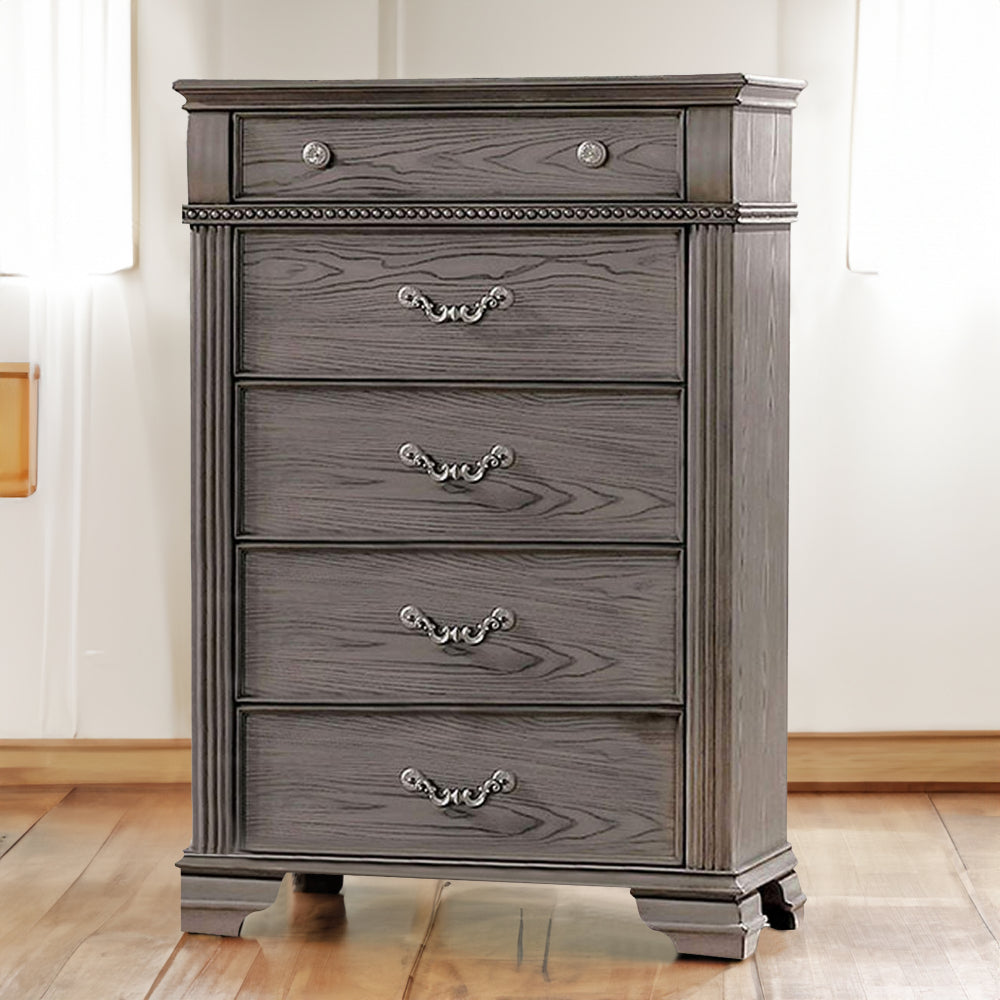 Akia 53 Inch 5 Drawer Tall Dresser Chest, Round Metal Knobs, Smooth Gray By Casagear Home