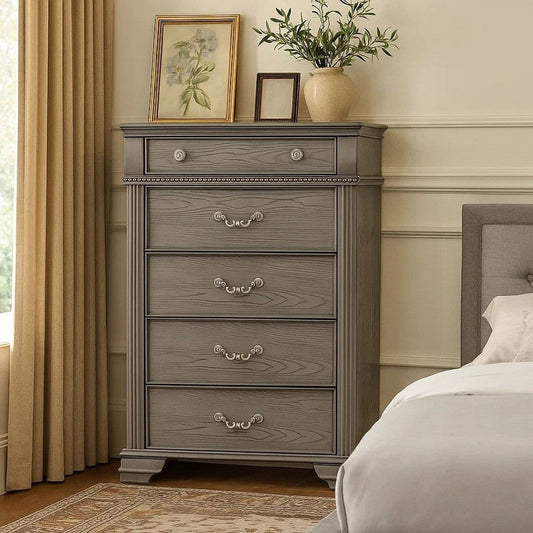 Akia 53 Inch 5 Drawer Tall Dresser Chest, Round Metal Knobs, Smooth Gray By Casagear Home
