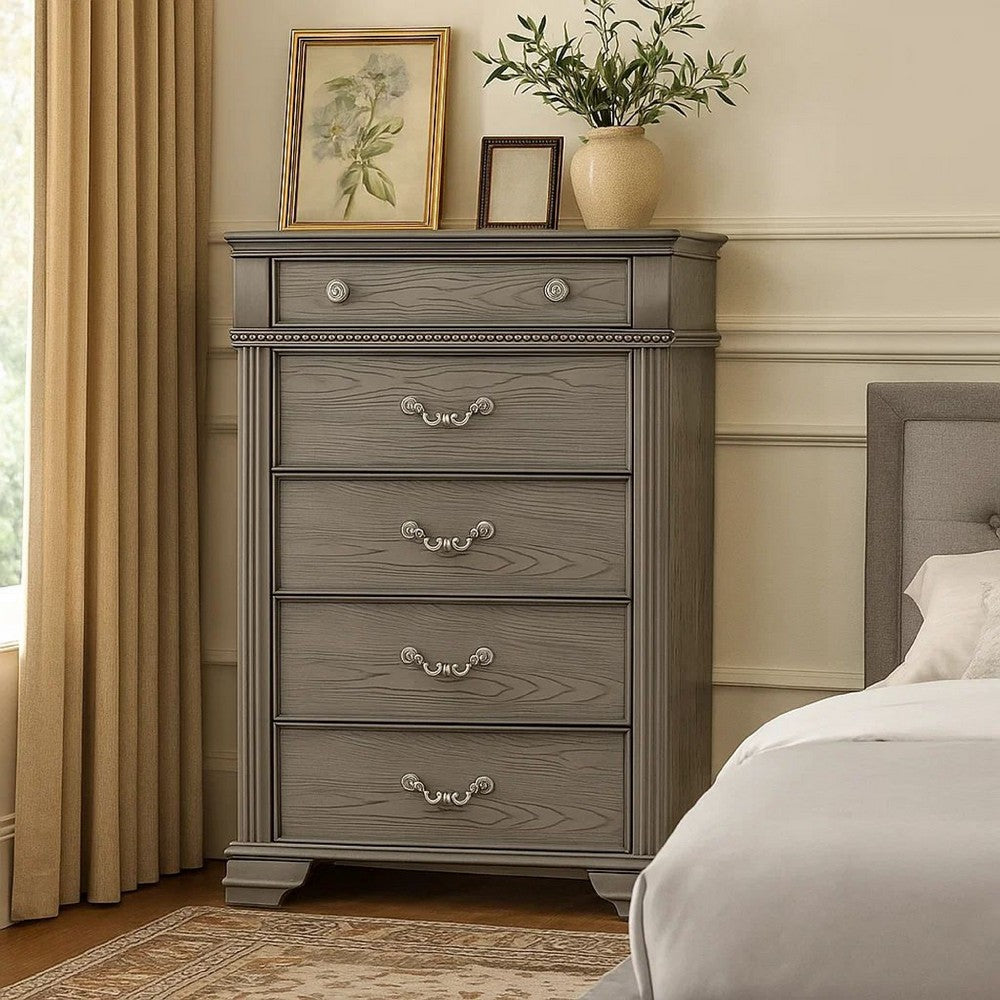 Akia 53 Inch 5 Drawer Tall Dresser Chest, Round Metal Knobs, Smooth Gray By Casagear Home