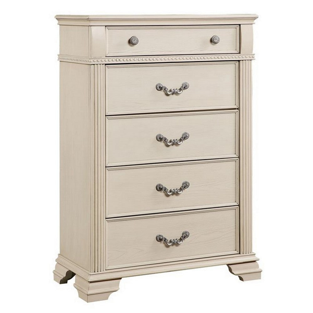 Akia 53 Inch 5 Drawer Tall Dresser Chest, Round Metal Knobs, Crisp White