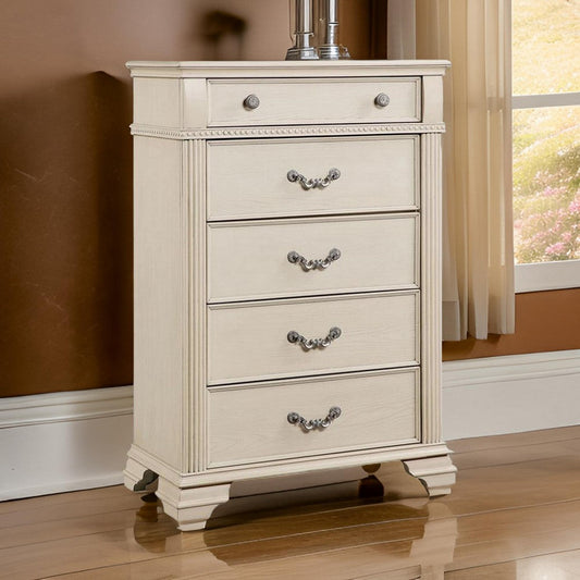 Akia 53 Inch 5 Drawer Tall Dresser Chest, Round Metal Knobs, Crisp White