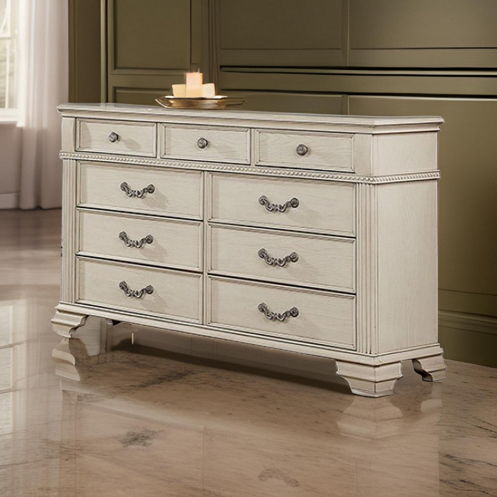 Akia 62 Inch 9 Drawer Wide Dresser Chest, Round Metal Knobs, Crisp White