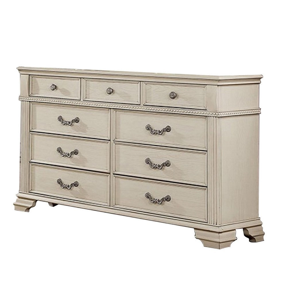 Akia 62 Inch 9 Drawer Wide Dresser Chest, Round Metal Knobs, Crisp White