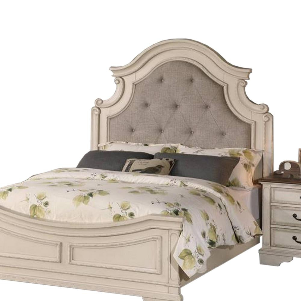 Lupe King Size Bed Gray Upholstered Scalloped Frame Antique White Finish By Casagear Home