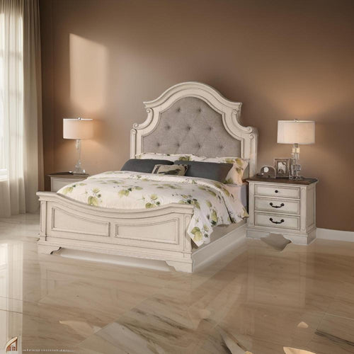 Lupe King Size Bed, Gray Upholstered Scalloped Frame, Antique White Finish By Casagear Home