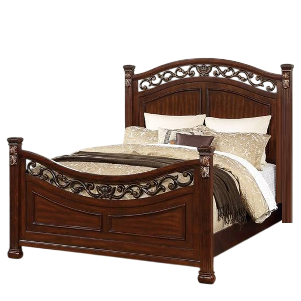 Miri Arched King Size Bed Carved Leaf Details Reeded Pilasters Oak Brown By Casagear Home BM300176