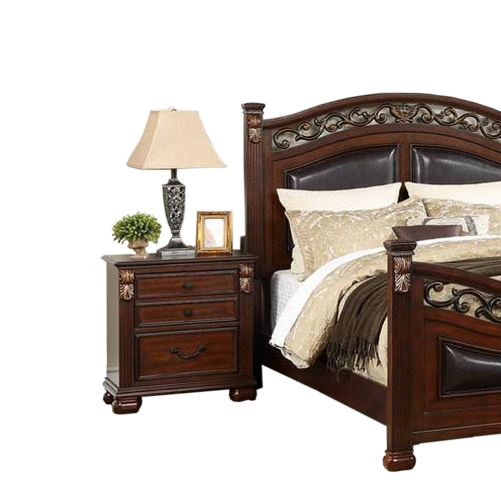 Miri Arched King Size Bed Carved Leaf Details Reeded Pilasters Oak Brown By Casagear Home BM300176