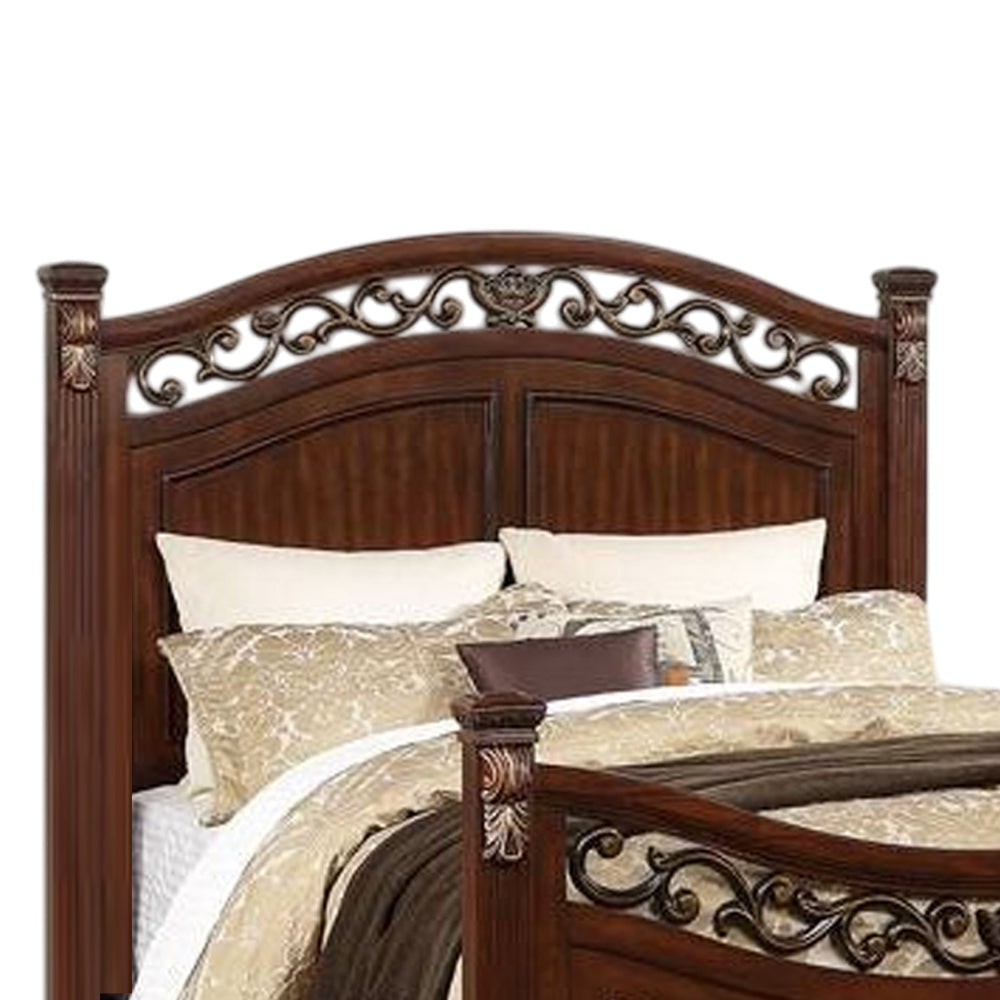 Miri Arched King Size Bed Carved Leaf Details Reeded Pilasters Oak Brown By Casagear Home BM300176