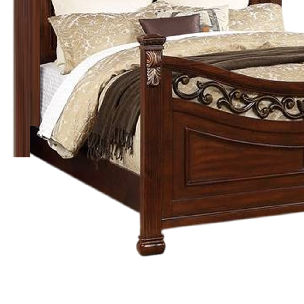 Miri Arched King Size Bed Carved Leaf Details Reeded Pilasters Oak Brown By Casagear Home BM300176