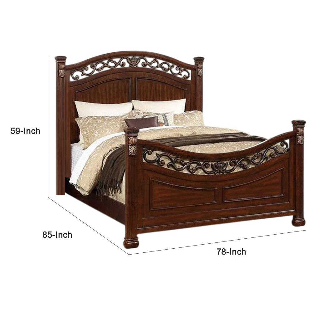 Miri Arched King Size Bed Carved Leaf Details Reeded Pilasters Oak Brown By Casagear Home BM300176