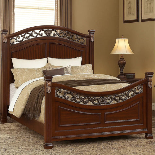Miri Arched King Size Bed, Carved Leaf Details, Reeded Pilasters, Oak Brown By Casagear Home