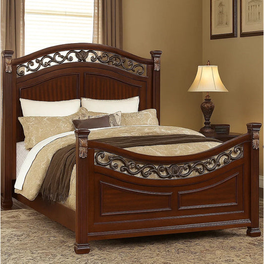 Miri Arched King Size Bed, Carved Leaf Details, Reeded Pilasters, Oak Brown By Casagear Home