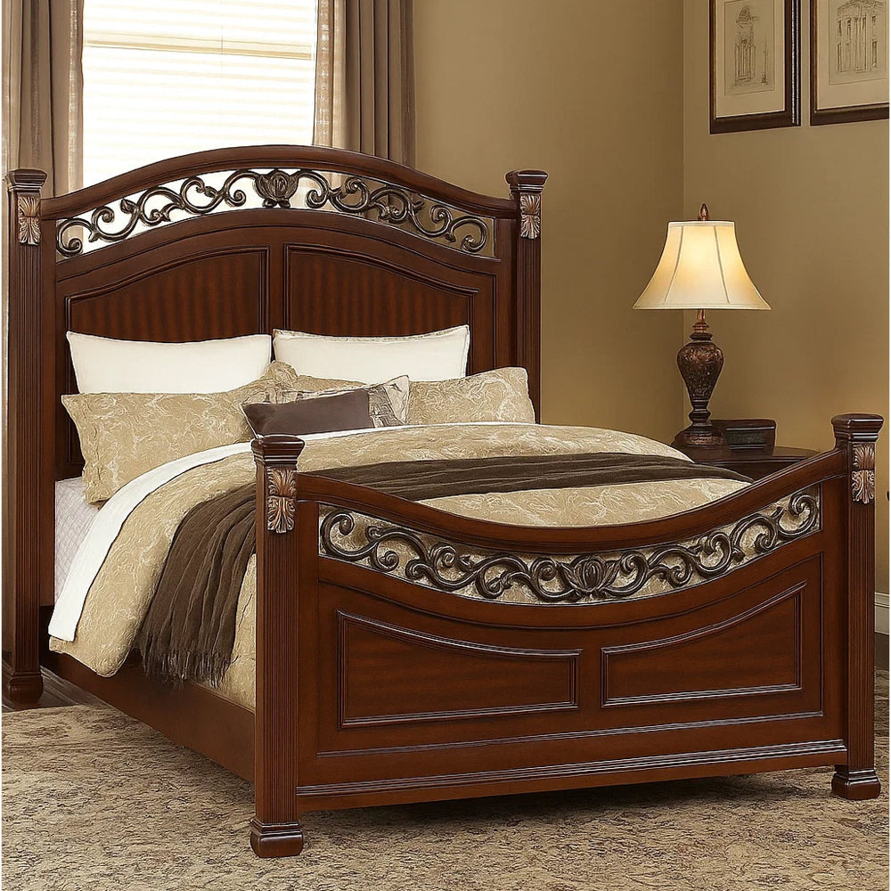 Miri Arched King Size Bed, Carved Leaf Details, Reeded Pilasters, Oak Brown By Casagear Home