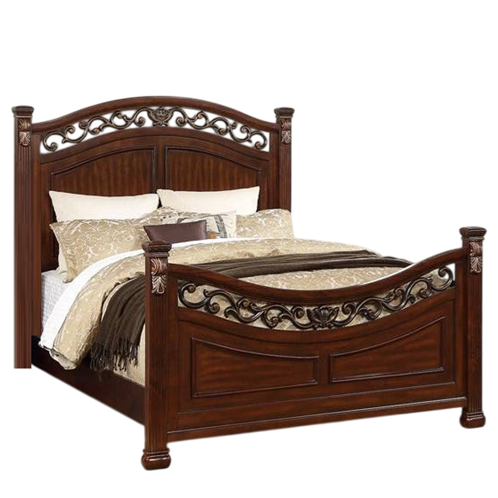 Miri Arched King Size Bed Carved Leaf Details Reeded Pilasters Oak Brown By Casagear Home BM300176
