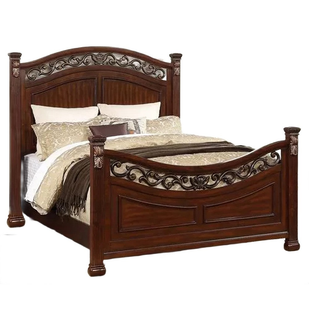 Miri Arched Queen Bed, Carved Leaf Details, Reeded Pilasters, Oak Brown