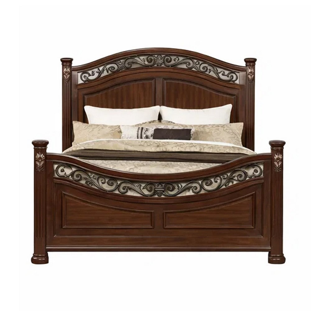 Miri Arched Queen Bed, Carved Leaf Details, Reeded Pilasters, Oak Brown