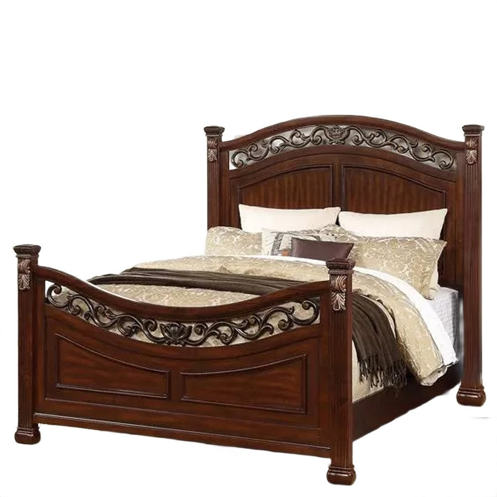 Miri Arched Queen Bed, Carved Leaf Details, Reeded Pilasters, Oak Brown