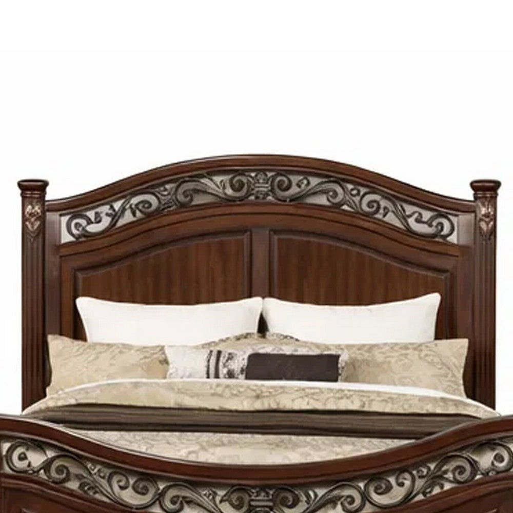 Miri Arched Queen Bed, Carved Leaf Details, Reeded Pilasters, Oak Brown