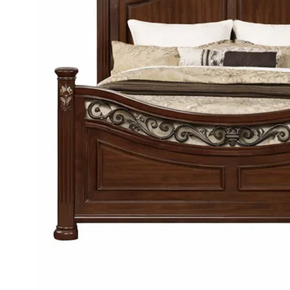 Miri Arched Queen Bed, Carved Leaf Details, Reeded Pilasters, Oak Brown