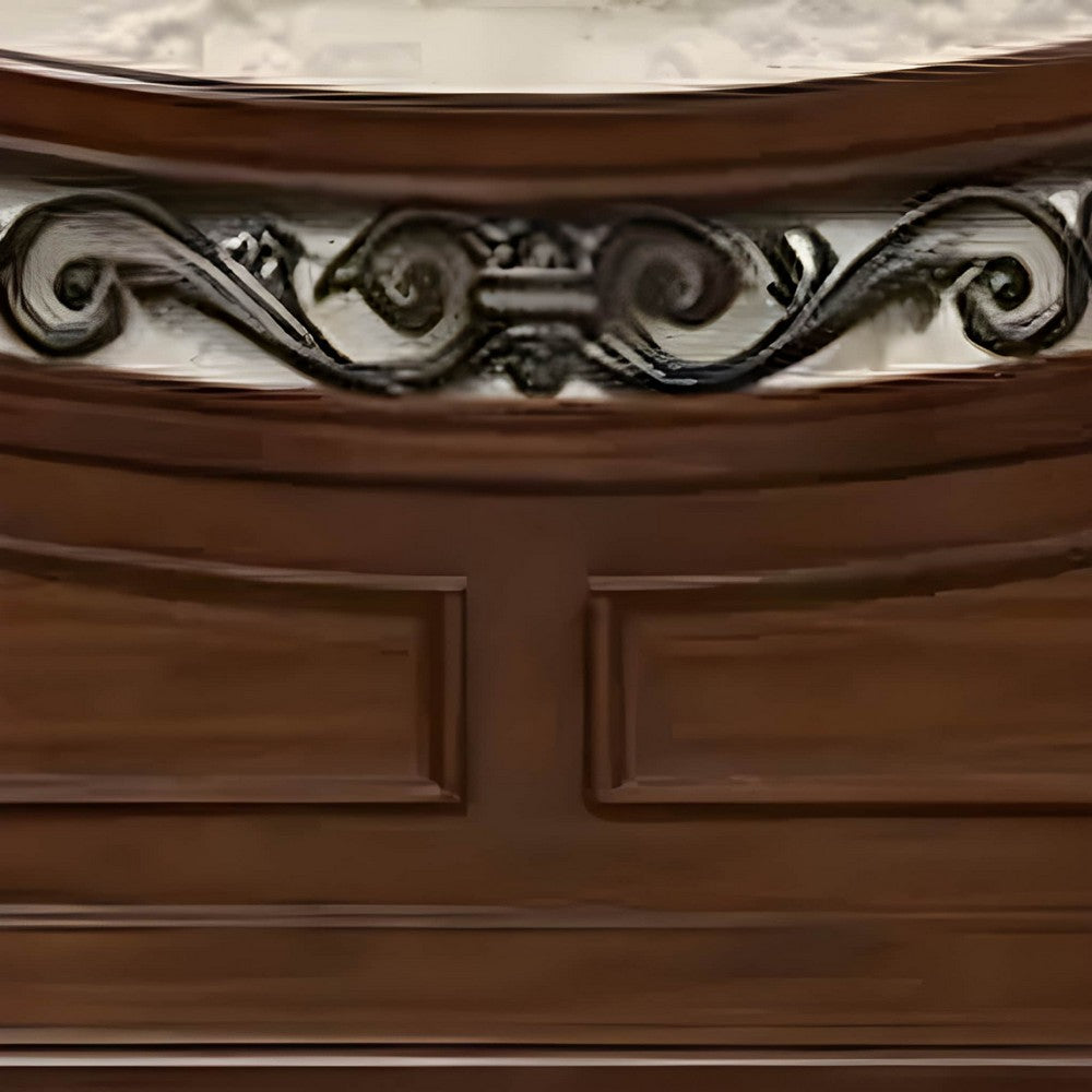 Miri Arched Queen Bed, Carved Leaf Details, Reeded Pilasters, Oak Brown
