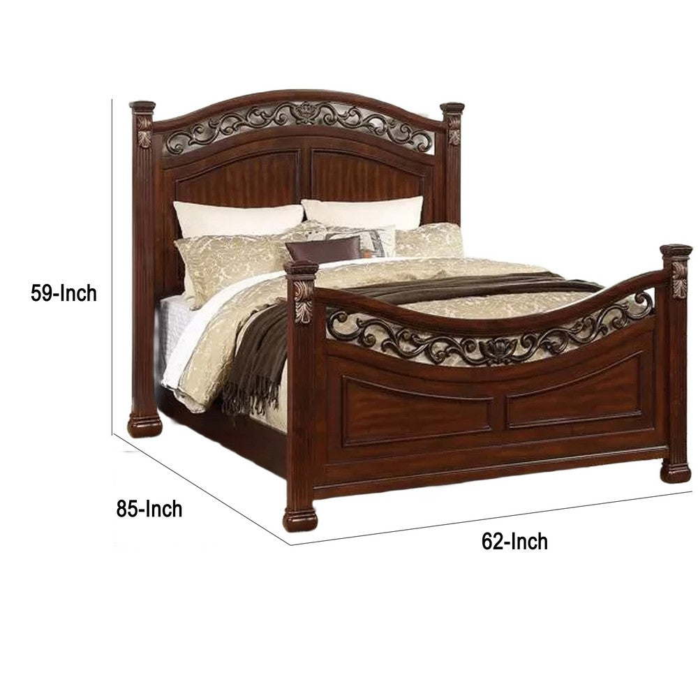 Miri Arched Queen Bed, Carved Leaf Details, Reeded Pilasters, Oak Brown