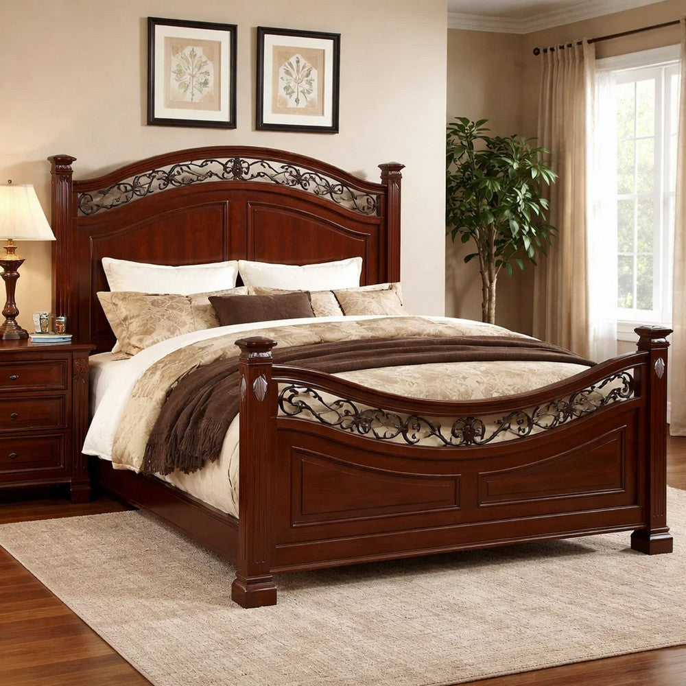 Miri Arched Queen Bed, Carved Leaf Details, Reeded Pilasters, Oak Brown