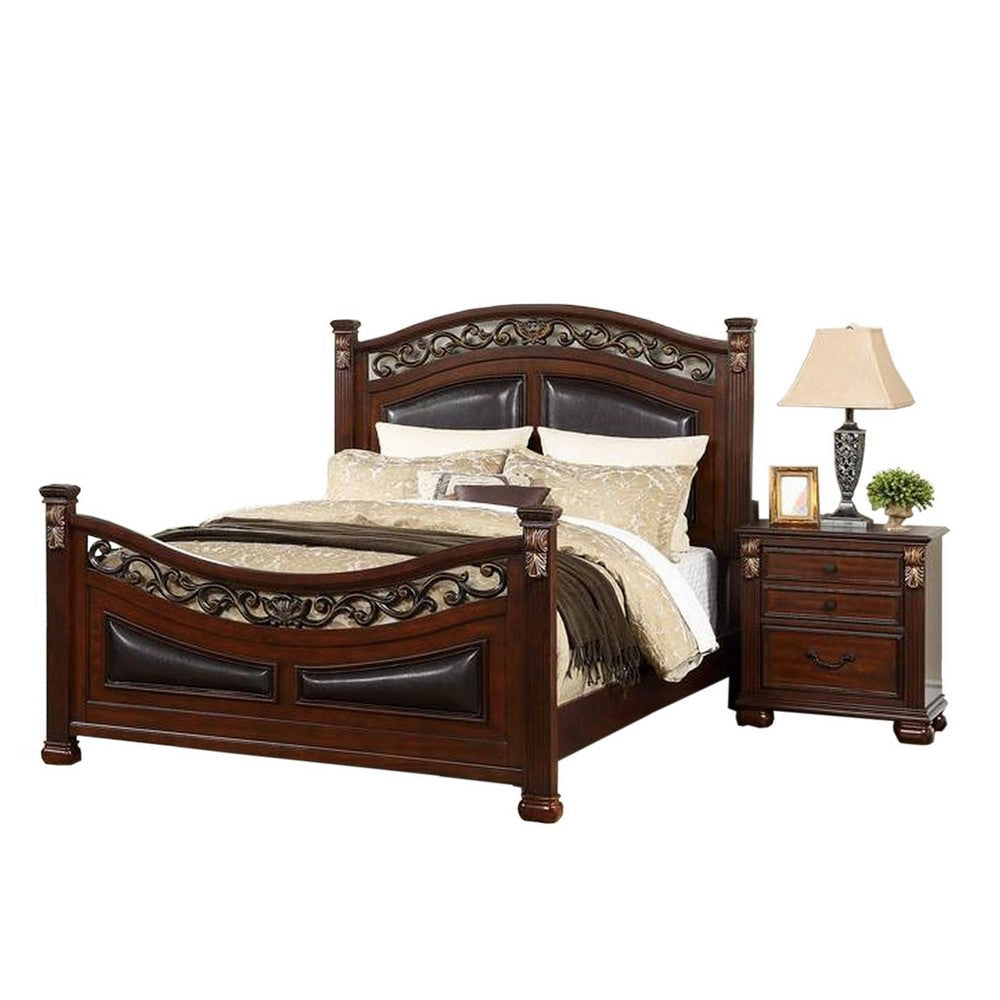 Miri Arched Queen Bed, Carved Leaf Details, Reeded Pilasters, Oak Brown