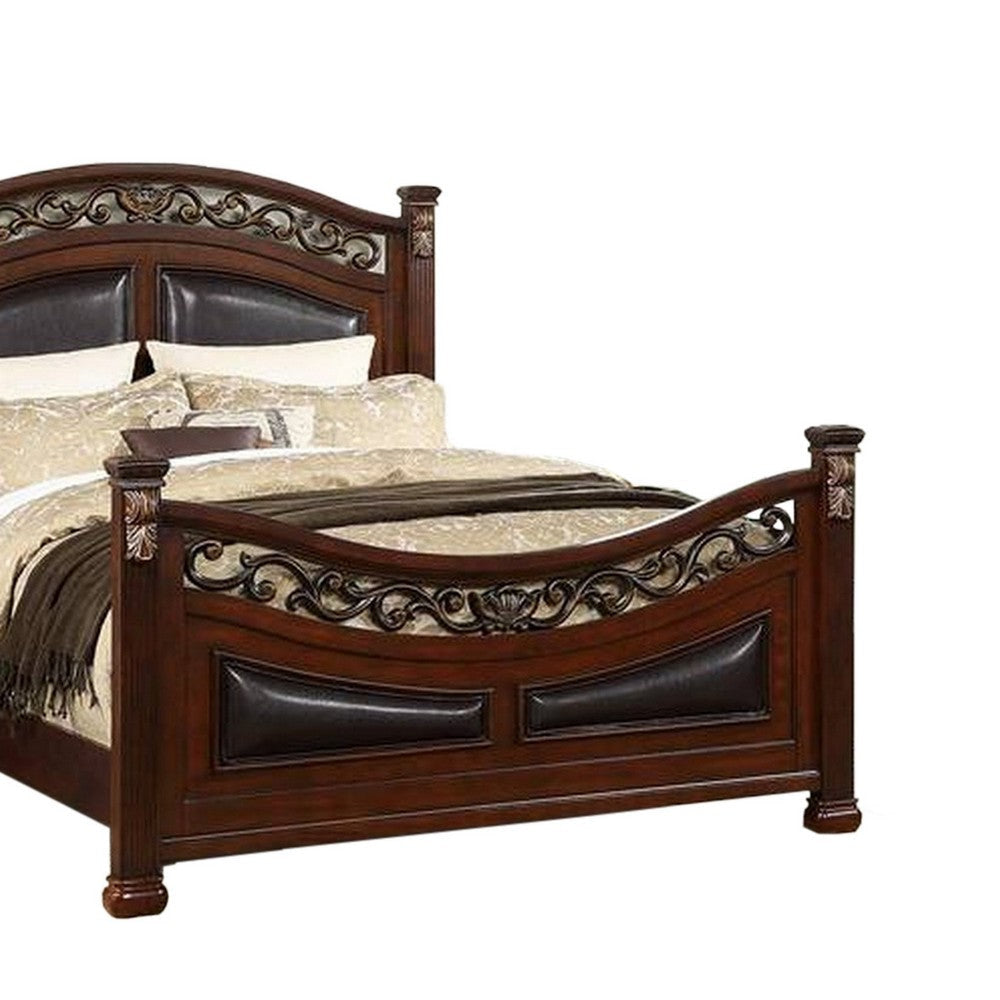 Miri California King Bed Carved Details Faux Leather Upholstery Cherry BM300178