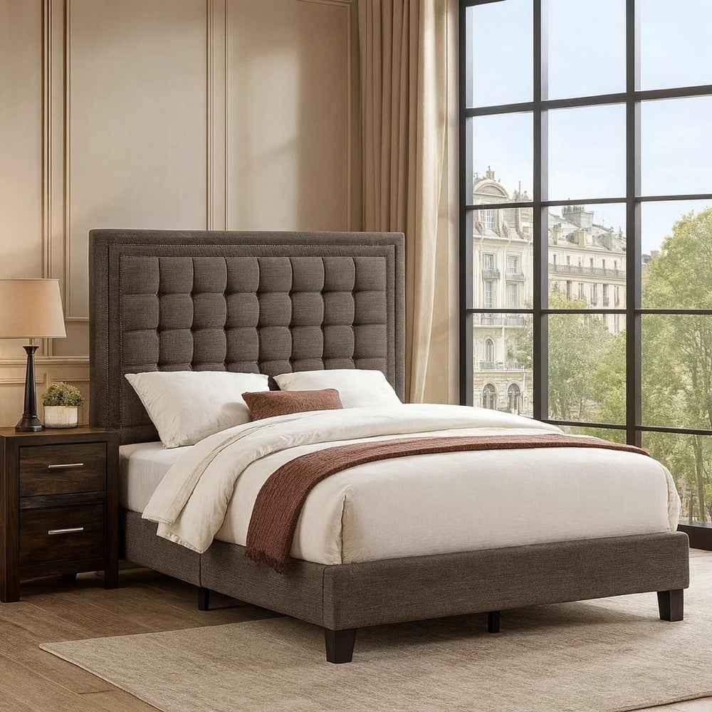 Zofi Modern Full Size Bed, Deep Square Tufted Upholstery, Taupe Polyester
