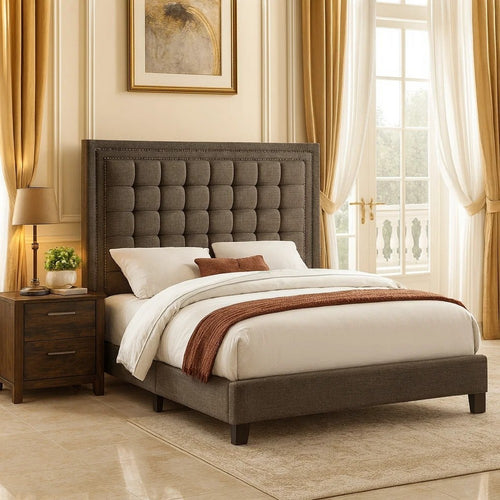 Zofi Modern Full Size Bed, Deep Square Tufted Upholstery, Taupe Polyester