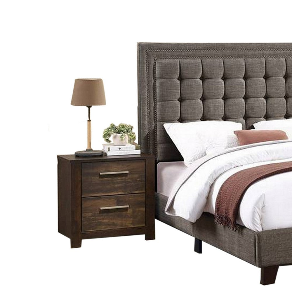 Zofi Modern Queen Size Bed Deep Square Tufted Upholstery Taupe Polyester