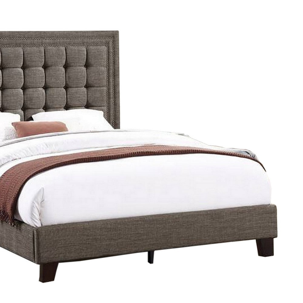 Zofi Modern Queen Size Bed Deep Square Tufted Upholstery Taupe Polyester