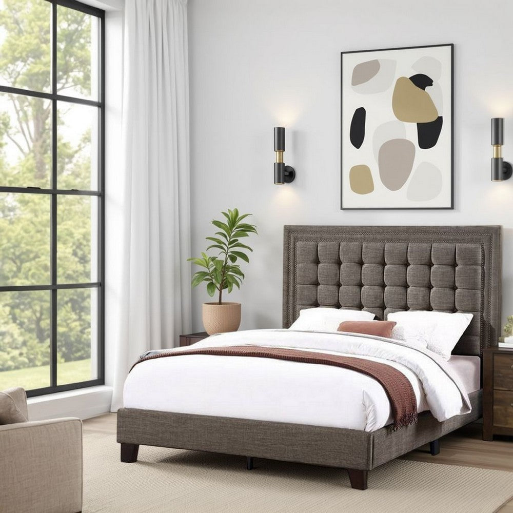 Zofi Modern Queen Size Bed, Deep Square Tufted Upholstery, Taupe Polyester