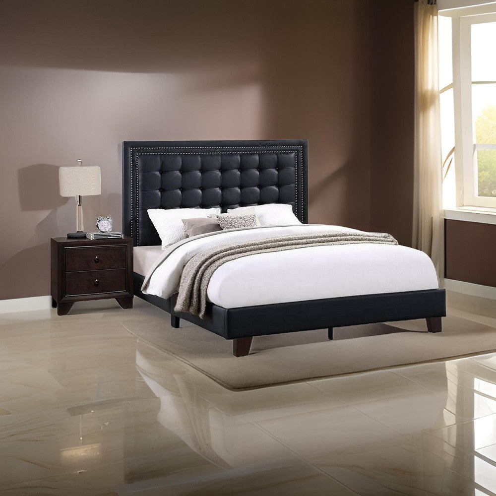 Vea Modern Platform Queen Bed, Deep Tufted Upholstery, Black Faux Leather By Casagear Home
