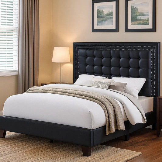 Vea Modern Platform Queen Bed Deep Tufted Upholstery Black Faux Leather By Casagear Home