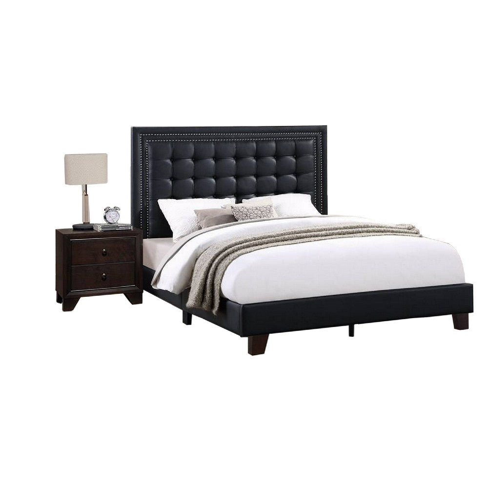 Vea Modern Platform Queen Bed Deep Tufted Upholstery Black Faux Leather By Casagear Home