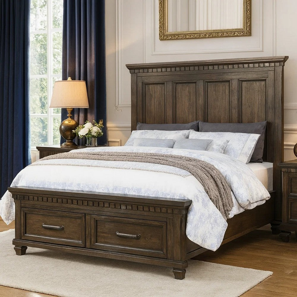 Ziv Classic California King Bed with Storage Drawers, Metal Handles, Brown