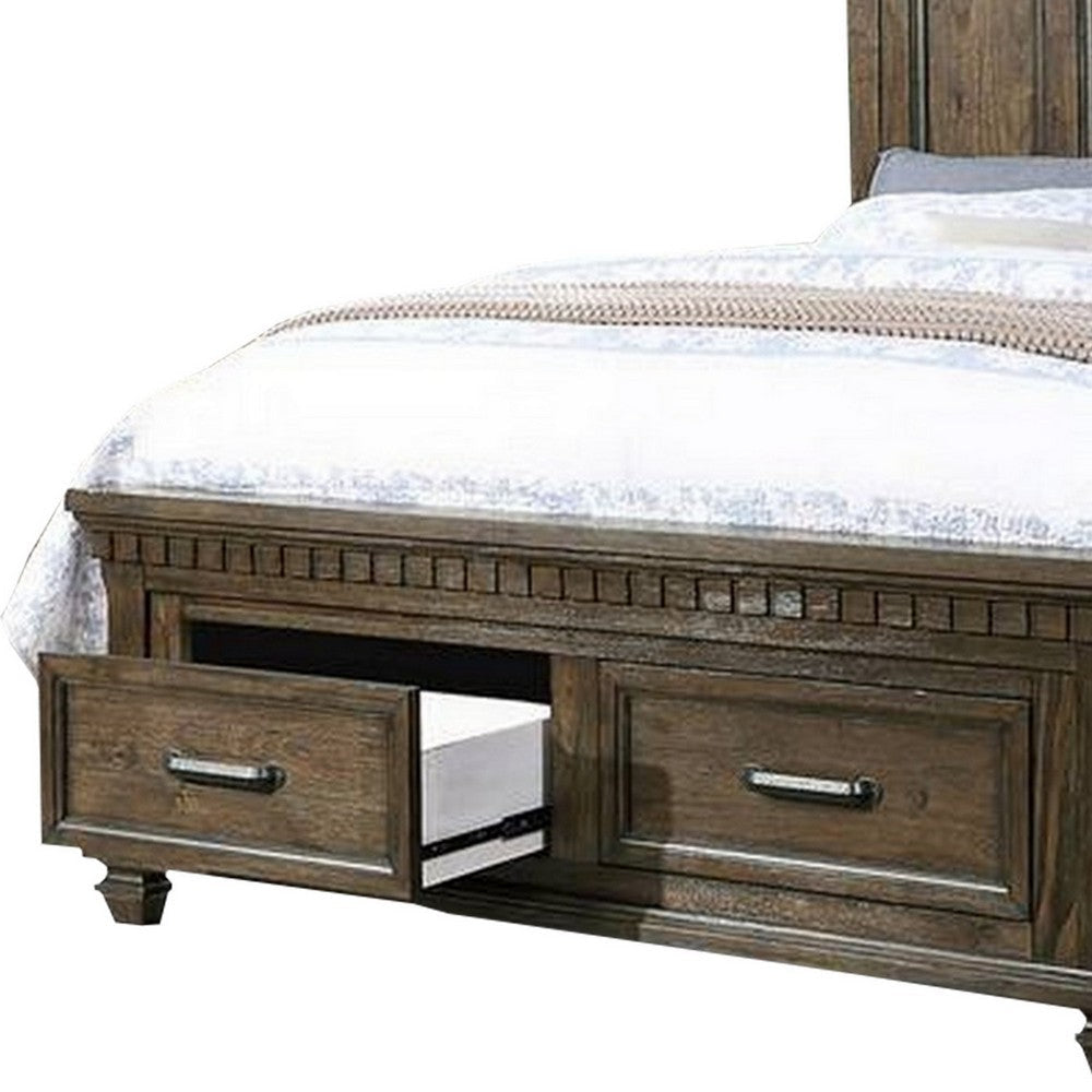 Ziv Classic Wood Queen Size Bed with Storage Drawers Metal Handles Brown BM300188
