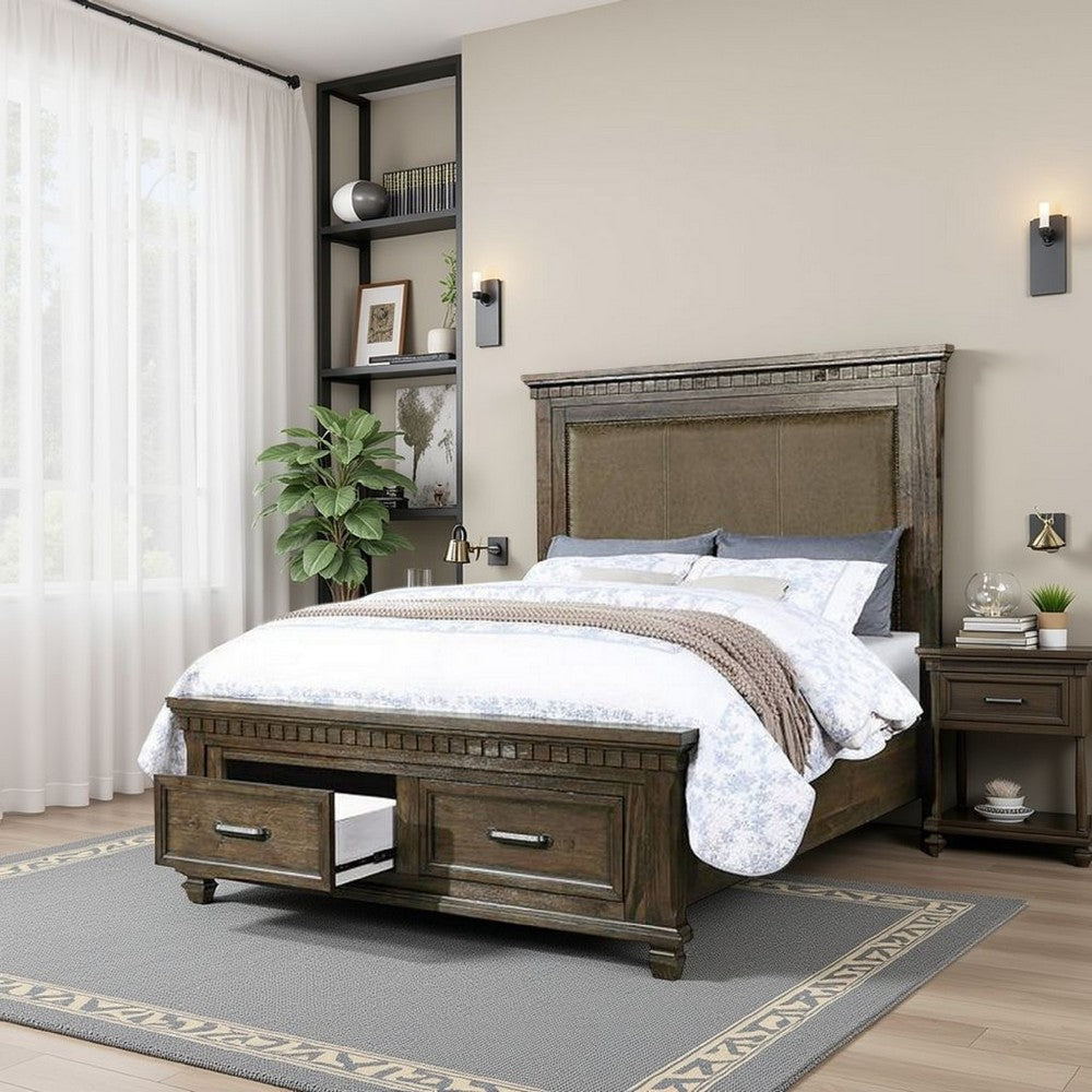 Ziv Classic Wood Queen Size Bed with Storage Drawers, Metal Handles, Brown