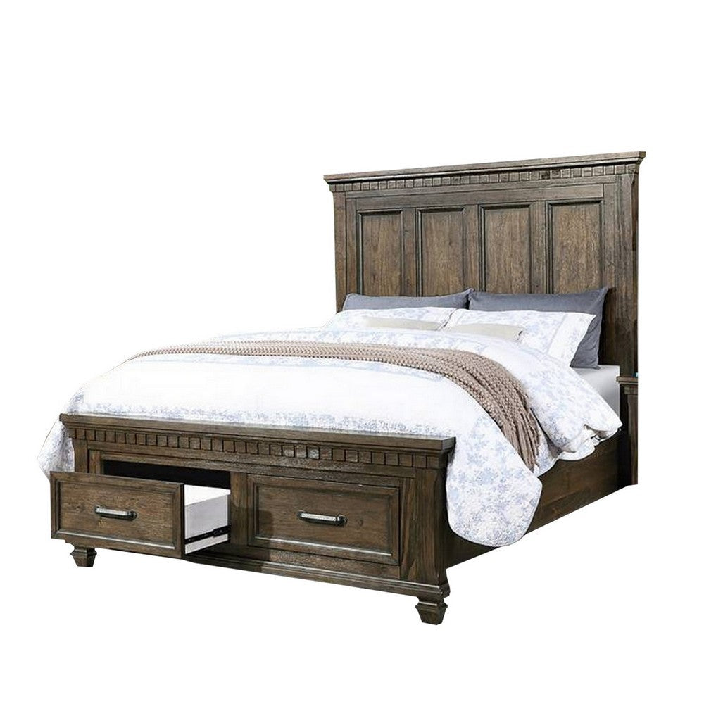 Ziv Classic Wood Queen Size Bed with Storage Drawers, Metal Handles, Brown